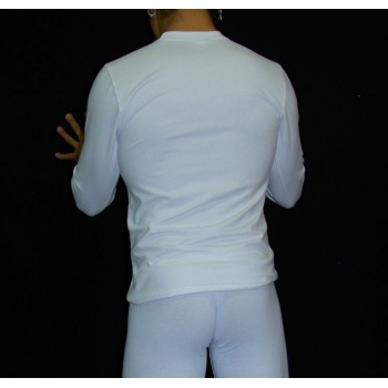 Camiseta Blanca Cuello Polo Algodon con Lycra. Vista de espalda